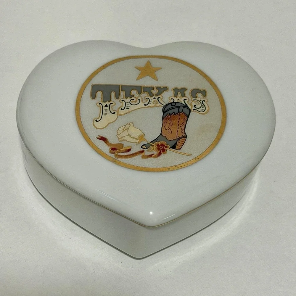 Vtg Heart Trinket Jewelry Box Lid Texas Cowgirl Country Western Rodeo 90s Gift